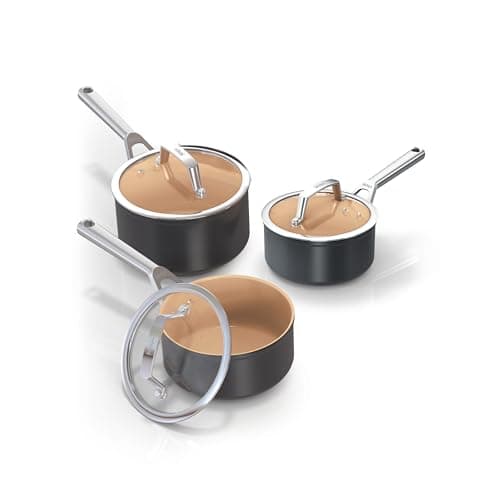 Image of Ninja Extended Life CW9300DE 3-Piece Ceramic Saucepan Set (16, 18 & 20 cm Pot), Non-Stick Coating (No PFAs, PFOAs, Lead, Cadmium), Suitable for Induction, Oven Safe up to 285 °C, Terracotta & Grey