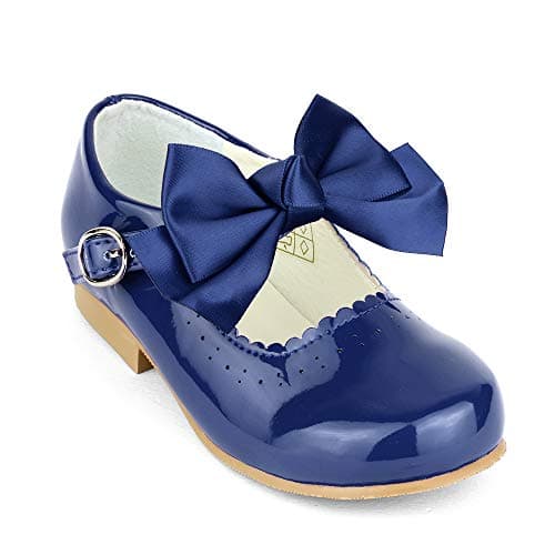 Image of Girls Spanish Style Mary Jane Bow Shoes Shiny Patent Navy Size UK1 Older Child