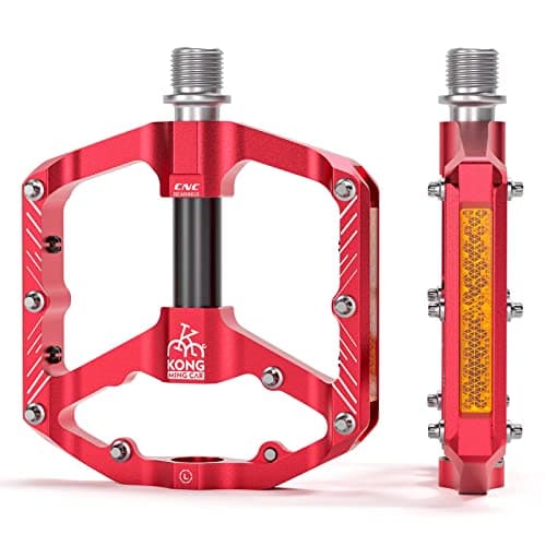 Image of Bike Pedals with Reflective Strips, 3 Sealed Bearings, Non-Slip CNC Aluminum Bicycle Platforms, 9/16 Inch Pedals for Road Bike, MTB, E-Bike. (Red)