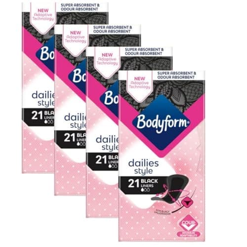 Image of BodyForm Black Panty Liners for Women Super Absorbent Dailies for Black Underwear - Maximum Adaptability Design Pack of 84 - Discreet & Comfortable for Sanitary Protection - Ideal for Everyday Use