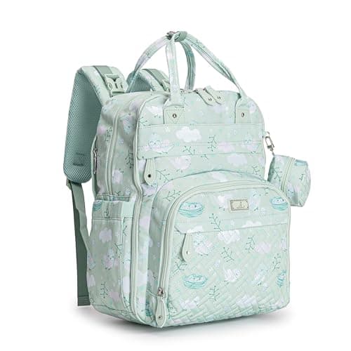 Image of BabbleRoo Baby Changing Bag Backpack with Changing Mat & Pacifier Holder for Mom & Dad (Green Birdy)