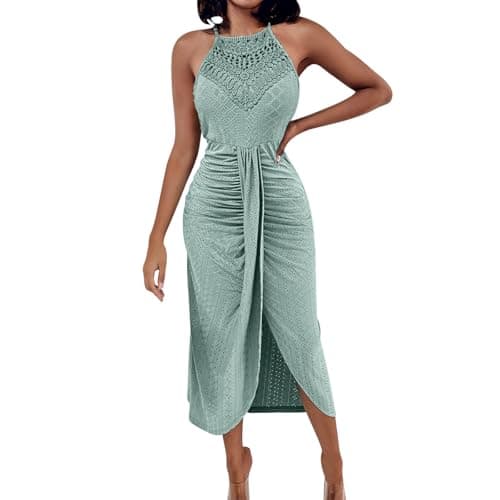 Image of Zeiayuas Bohemian Beach Dress for Women Spaghetti Strap Lace Maxi Dresses Party Evening Wedding Guest Outfits Sexy Halter Neck Sleeveless Sundress Casual Boho Ruffle Pleated Dress Green