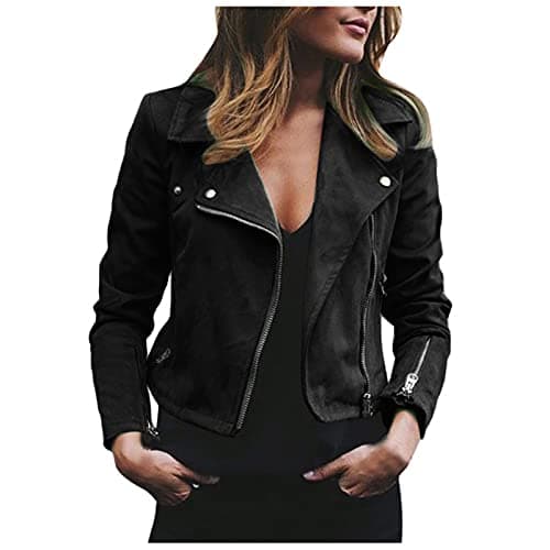 Image of TURWXGSO Women's Faux Suede Biker Jacket Zipper Cropped Jacket Long Sleeve Bomber Jackets Short Winter Autumn Outwear Moto Biker Coat Casual Vintage Top UK Size 8-16