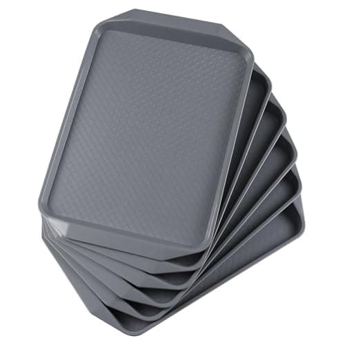 Image of Vareone Set of 6 Anti Slip Food Serving Trays with Handles, Plastic Trays for Eating Dinner & Drinks (Grey)