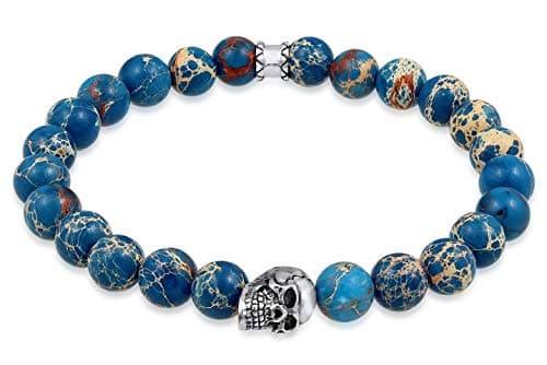 Image of Kuzzoi Buddha 0205930619 Men's Bracelet with Blue Agate Gemstone Beads and Skull in 925 Sterling Silver Pendant, Yoga Bracelet, Energy Bracelet, Length 19-23 cm, Elastic,, 23 centimeters, Agate, Agate