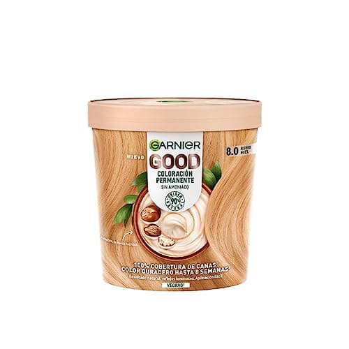 Image of Garnier GOOD Permanent Hair Dye, 8.0 Honey Blonde. Guarantees 100% grey coverage and 8-week colour. No ammonia, vegan shea butter formula for luminous honey blonde on all hair types.