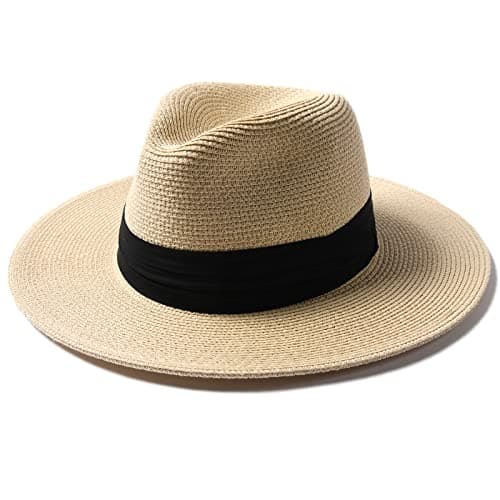 Image of FURTALK Sun Hats for Women Men Adjustable Summer Panama Fedora Wide Brim UPF 80+ Foldable Packable Straw Beach Hat, Beige-Black Ribbon, L-XL
