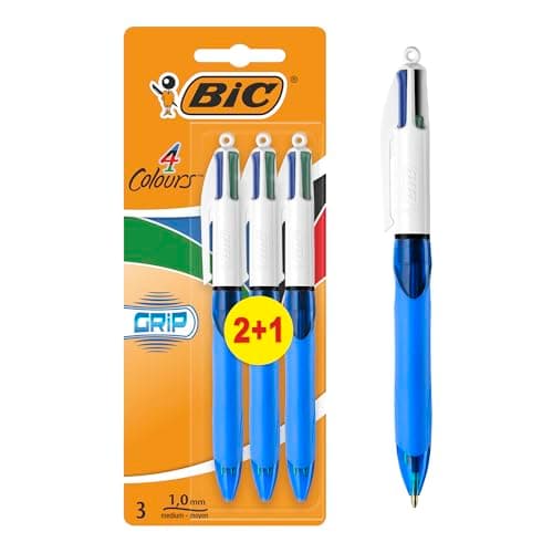Image of BIC 4 Colours Pens Multicolour Grip - 4 Colours Retractable Ballpoint Pens - Pack of 3