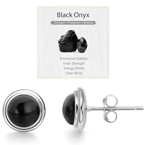 Image of JENDEAR Black Onyx Stud Earrings for Women 925 Sterling Silver Hypoallergenic Natural Gemstone Round Studs, Diameter 8mm, with Quote Card and Gift Box (Silver)