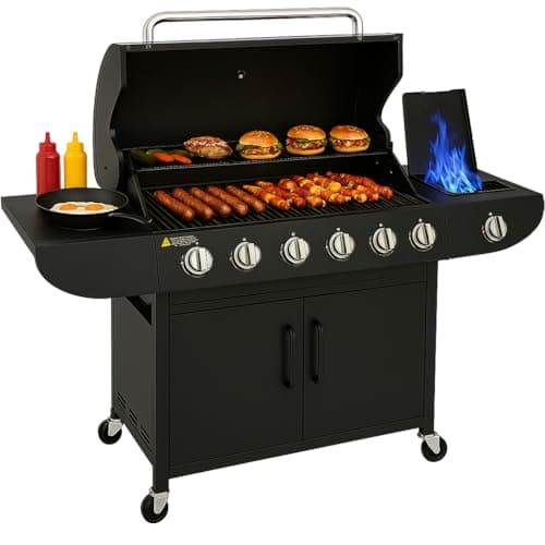 Image of Deluxe 6+1 Gas Burner Grill BBQ Barbecue Side Burner Storage Garden Black