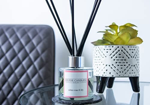 Image of White Rose & Lily Reed Diffuser - Clyde Candles, Luxury Diffuser Oil with a Set of 7 Fibre Sticks, 100ml, Best Aroma Scent for Home, Kitchen, Living Room, Bathroom. Fragrance Diffusers set with sticks