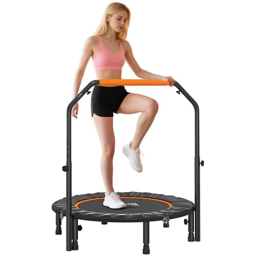Image of HOMCOM 40" Foldable Mini Trampoline Fitness Trampoline Rebounder for Adults with Adjustable Foam Handle, for Indoors, Outdoors, Cardio Training, 150kg Weight Capacity, Orange
