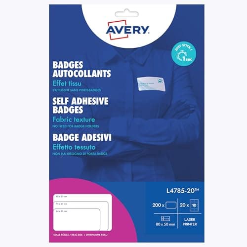 Image of Avery L4785-20 Printable Name badge Stickers – Customisable, 80 x 50 mm, 10 per Sheet, 200 Badges Total