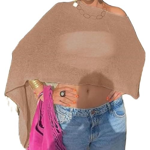 Image of Y2K Sheer Knit Poncho Tops for Women Lightweight Summer Beach Shrug Shawl Bolero Off Shoulder Mesh Sweater Cover Up (Light brown, ONE SIZE)