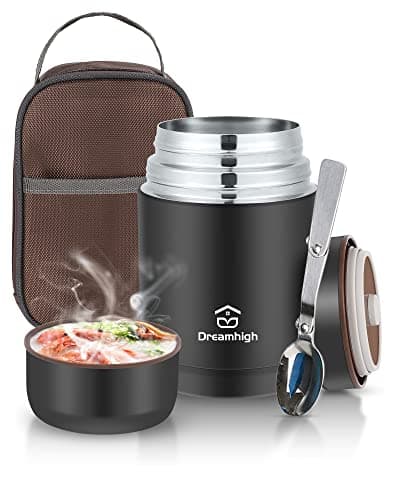 Image of Dreamhigh® Thermal Food Flask, 800ml, Soup Flask with Spoon, Stainless Steel Vacuum Insulated Food Container, Leak-Proof, with Carrying Bag, Keep Hot/Cold for 12 Hours (Black)