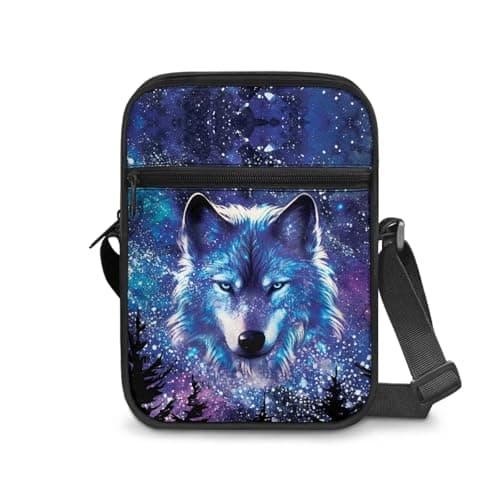 Image of Dngkaoje Animal Wolf Crossbody Bags for Women Men Small Zipper Wallet with Adjustable Strap,Starry Night Wolf Shoulder Handbag Sling Satchel for Travel Beach Holiday Messenger Tote Bags