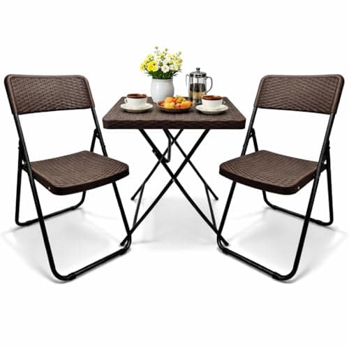 Image of SUNMER Patio Bistro Garden Furniture Set - 3 Piece Rattan Effect Folding Table and Chairs - Heavy Duty Capacity, Weather Resistant Outdoor Seating for Garden, Balcony, Yard and Dining - Brown
