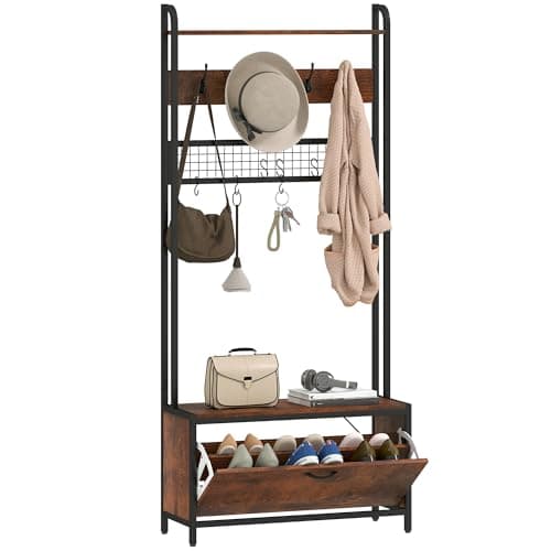 Image of HOMCOM Coat Rack with Shoe Storage Bench and Grid Panel, Hall Tree, 5-In-1 Industrial Coat Rack Stand with Shoe Cabinet and 10 Hooks for Hallway, Entryway, Living Room, Rustic Brown