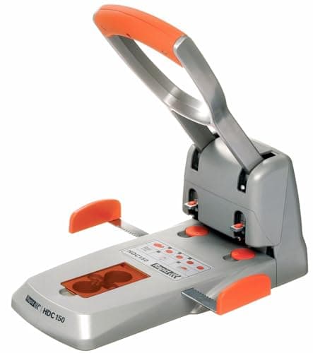 Image of Rapid Supreme HDC150 Heavy Duty 2 Hole Punch, Punches up to 150 Sheets, Adjustable Guide Bar, Ergonomic Handle, Silver/Orange, 23000600