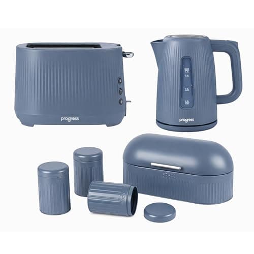 Image of Progress Mellow Kitchen Set – 1.7L 3000W Rapid Boil Kettle with 360° Base, 2-Slice Toaster with 7 Browning Controls & 4 Piece Bread Bin, Tea, Coffee & Sugar Storage Canister Set, Blue