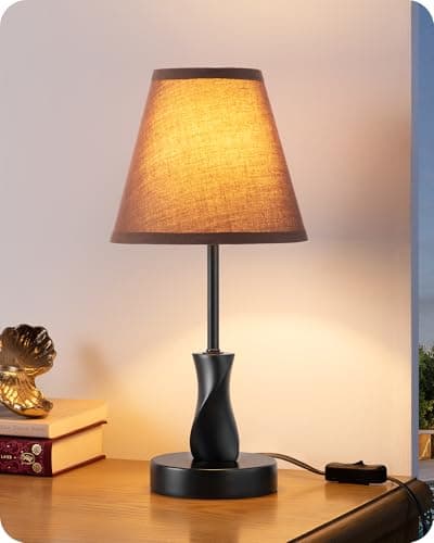 Image of EDISHINE Bedroom Table Lamp, Modern Bedside Lamp with Brown Fabric Linen Shade, Solid Wood Base, Small Lamps for Living Room Office, E27 2700K Bulb Included