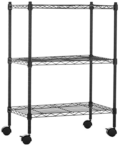 Image of Amazon Basics 3-Shelf Adjustable, Heavy Duty Storage Shelving Unit on 10cm Wheel Casters, Metal Organizer Wire Rack, Black (59cm x 34cm x 83cm)(L x W x H)