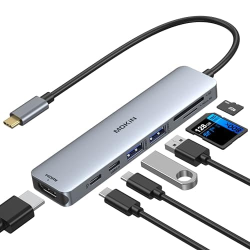 Image of USB C Hub HDMI Adapter for MacBook Pro/Air, MOKiN 7 IN 1 USB C Dongle Mac Adapter with HDMI, Type C Data Port,100W PD,SD/microSD and 2 USB3.0 for Dell/Lenovo/Thinkpad