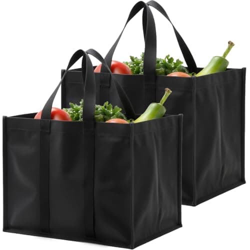 Image of Luxiremi 2 Pcs Black Reusable Grocery Bags Shopping Bag Tote Bag with Handles Foldable Washable Stands Upright Reinforced Bag with Handle-Hold Extra Large & Durable for Daily Life, Picnic, Camping.