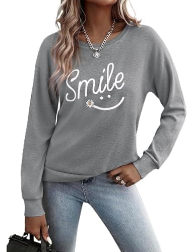 Image of Gyabnw Sweatshirts for Women UK Lightweight Long Sleeve Tops Crew Neck Smile Print Casual Versatile Grey