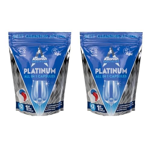 Image of Astonish Specialist Platinum All In 1 Powerful Cleaning Dishwasher Capsules – Shifts Dried On Grease – No Pre-Rinse – Expert Shine – Built-in Salt and Rinse Aid – Lemon Fragrance - Multipack of 2