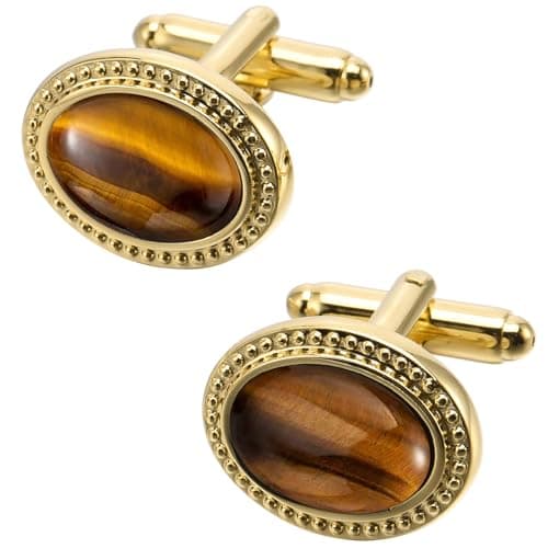 Image of Jonwo Oval Natural Polished Tigers Eye Gemstone Cufflinks for Men Silver/14K Gold Plated Crystal Men's Cufflinks Jewelry for Wedding Anniversary Business Party Tuxedo Dress (Golden)