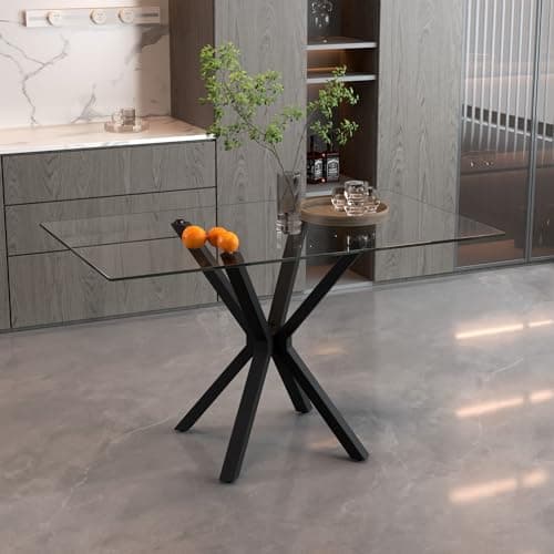 Image of GOLDFAN Tempered Glass Dining Table,120cm Rectangle Kitchen Table with Black Metal Legs,Suitable for Dining Room and Office