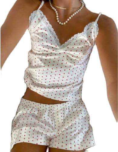 Image of Qianderer Women Y2k 2 Piece Lace Shorts Set Sleeveless V Neck Cami Top with Shorts Pajamas Sets Sleepwear Lounge Outfits (Ba White, L)