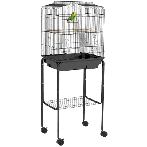 Image of PawHut Bird Cage Budgie Cages for Finch Canary Parakeet with Stand Wheels Slide-out Tray Accessories Storage Shelf, Black 46.5 x 36 x 124 cm