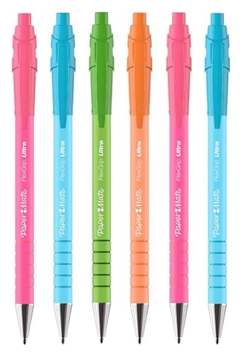 Image of Paper Mate FlexGrip Ultra Retractable Ballpoint Pens | Blue Ink | Medium Point | 6 Pack | Bright Retro Barrels
