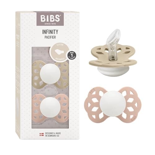 Image of BIBS Infinity Anatomical Glow in the Dark Soother 2-Pack, BPA Free, Orthodontic Nipple. Silicone, Made in Denmark, Size 1 (0-6 Months), Vanilla Glow/Blush Glow