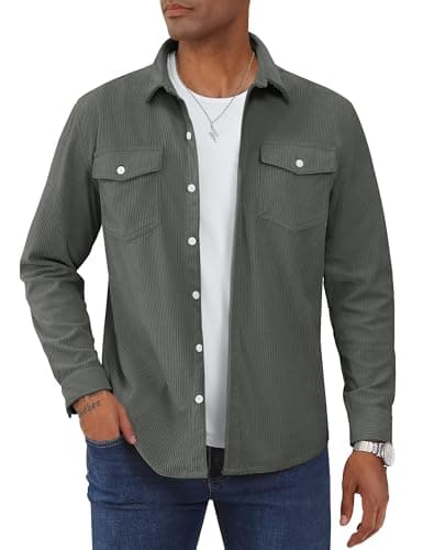 Image of TACVASEN Men's Overshirt Corduroy Long Sleeve Shirts for Men Casual Button Down Regular Fit Jackets with Flap Pockets Darkgrey, 2XL
