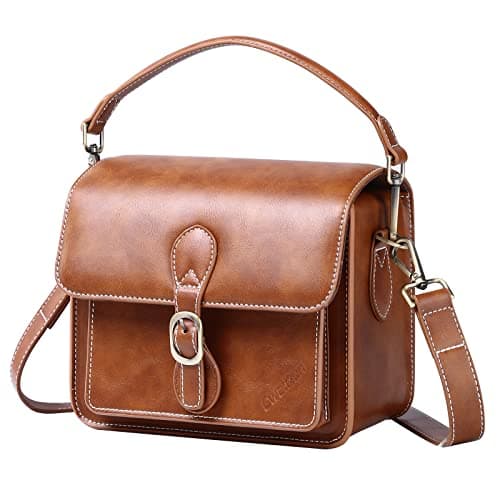 Image of Cwatcun Brown Leather Camera Sling Bag, Waterproof DSLR/Mirrorless Camera Case, Crossbody Single Shoulder Photography Bag with Accessory Pocket, Compatible for Canon Nikon Sony Cameras for Travel, S