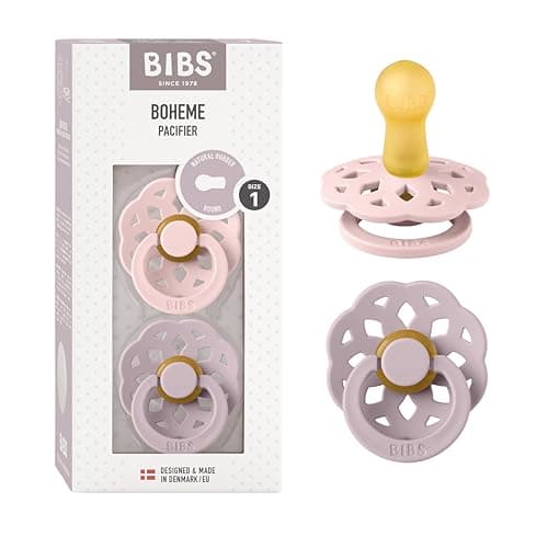 Image of BIBS Boheme Soother 2-Pack. BPA Free. Round Nipple, Natural Rubber Latex, Made in Denmark. Size 1 (0-6 Months), Blossom/Dusky Lilac