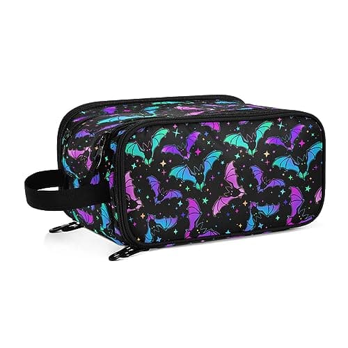 Image of Large Makeup Bag Makeup Organiser, Makeup Travel Bag Make Up Bag Cosmetic Toiletry Bag Gothic Halloween Luminous Bats Makeup Storage Vanity Cases with Makeup Brush Holder for Women Girls Ladies