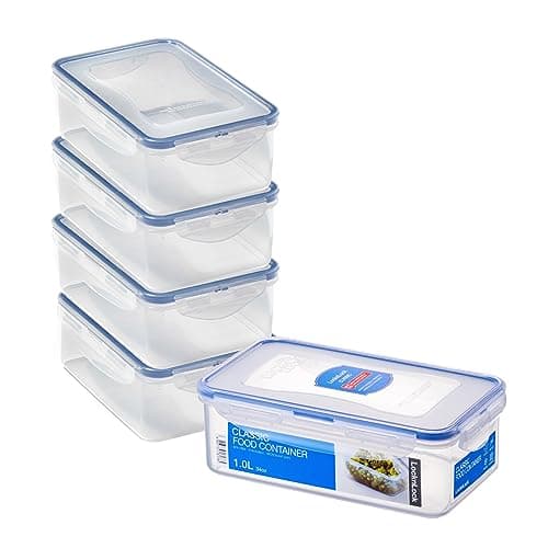 Image of LocknLock Rectangular Food Containers with Lids Set of 5 - Plastic Airtight & Watertight Food Storage Containers, BPA Free & Dishwasher Safe, 5 x 1L