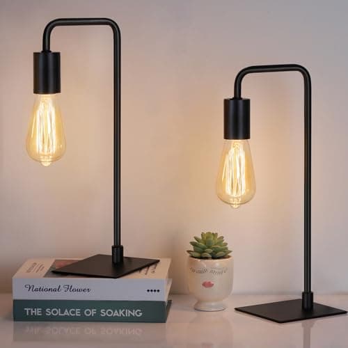 Image of HAITRAL Vintage Industrial Bedside Lamps Set of 2 - Metal Desk Lamps with Square Base, Nightstand Lighting for Bedroom, Office, Living Room - Black Retro Edison Style Table Lamps