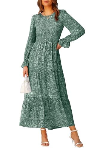 Image of BTFBM Women Casual Long Sleeve Crew Neck Fall Dress Bohemian Relaxed Fit Floral Flowy Maxi Dresses Tiered Cocktail Dress, Floral Dark Green, S