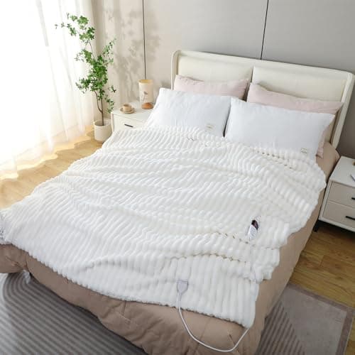 Image of YDW Electric Heated Throw Blanket - 200x180cm Stripe Flannel Electric Overblanket for Sofa Bed Office Use, 6 Heat Levels&10 Time Settings, Machine Washable, White, Double
