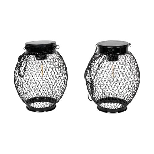 Image of ValueLights | Black Metal Mesh Cage Solar Powered Outdoor 2 Pack Garden Lantern Lights