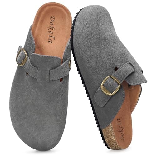Image of Suede Clogs for Women Men Soft Cork Footbed Leather Mules Comfort Slippers Potato Shoes with Arch Support, Grey, 5 UK