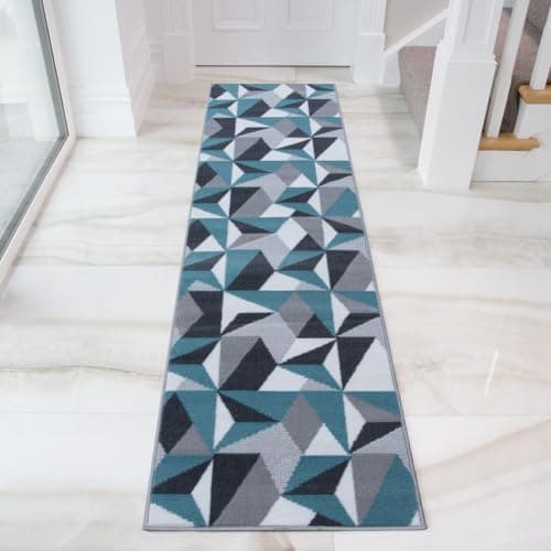 Image of Modern Geometric Durable Thick Runner Rug Grey Teal Duck Egg Living Room Bedroom Hallway Rugs 60cm x 240cm