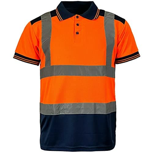Image of MyShoeStore Hi Viz Vis High Visibility Polo Shirt Reflective Tape Safety Security Work Button T-Shirt Breathable Lightweight Double Tape Workwear Top (Orange/Navy Short Sleeve, L)
