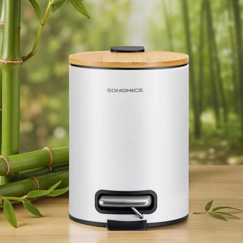 Image of SONGMICS Small Waste Bin, Rubbish Bin with Bamboo Lid, Metal Pedal, Removable Inner Bucket, Soft Close, for Bathroom, 0.8 Gallons (3 L), Cloud White LTB113WZ01