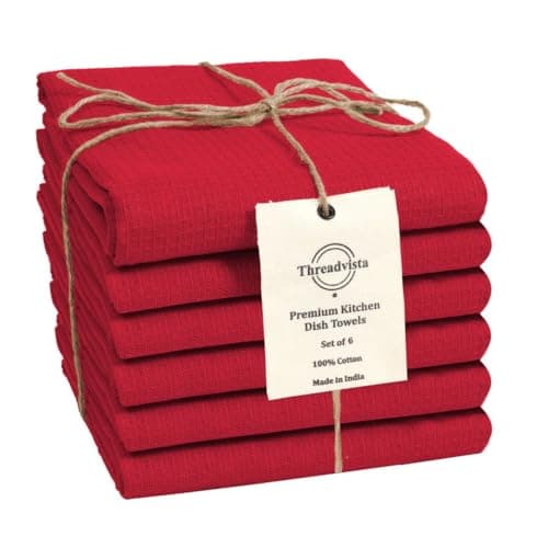 Image of Threadvista 100% Cotton Waffle Kitchen Towels Set of 6 - Soft Highly Absorbent Durable Reusable - Perfect for Drying Cleaning Everyday Kitchen Use - Quick Drying Premium Dish Towels 40x66 cm Red